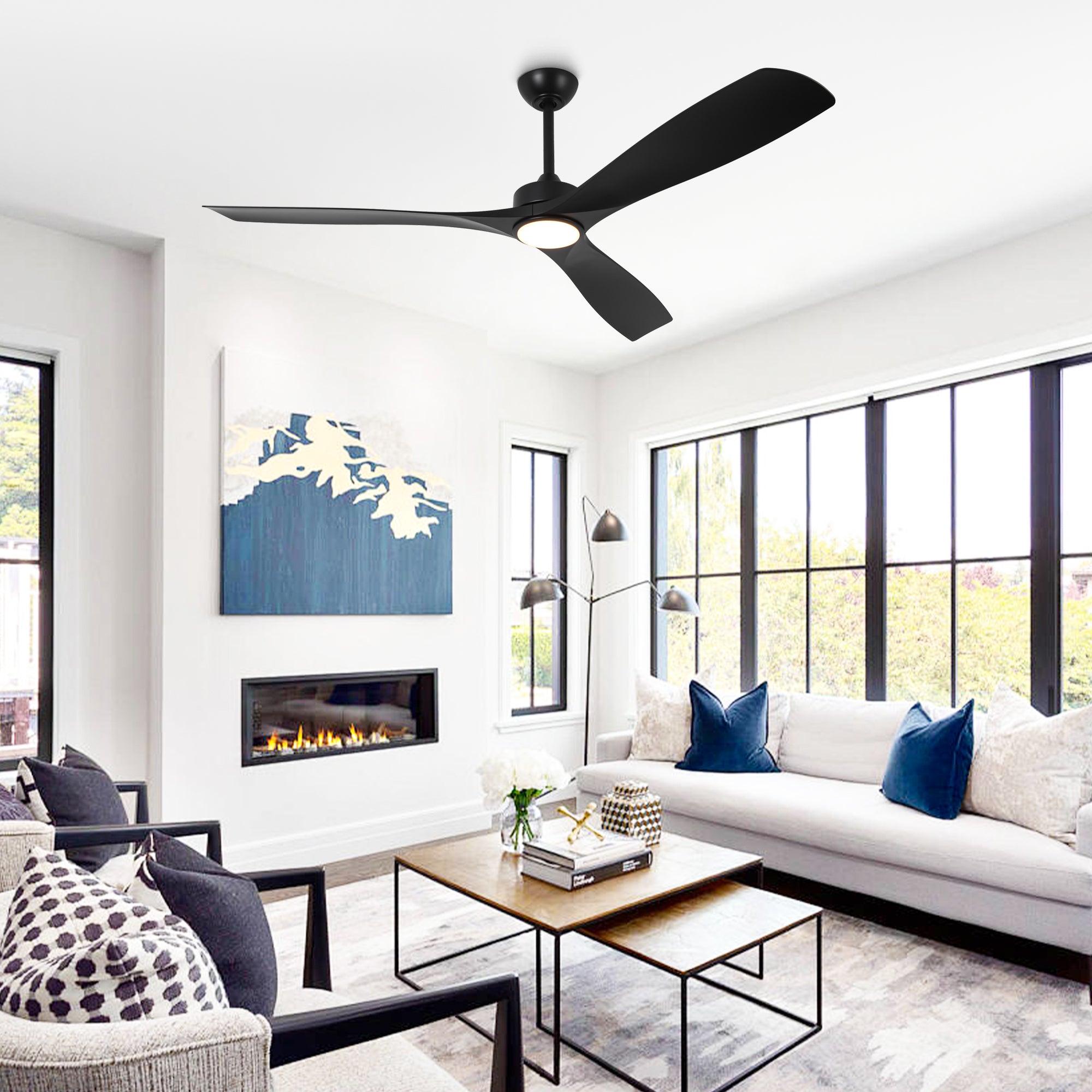 60" Modern Farmhouse Ceiling Fan with Light & Remote – Matte Black, 5-Blade, Quiet DC Motor - Image 3
